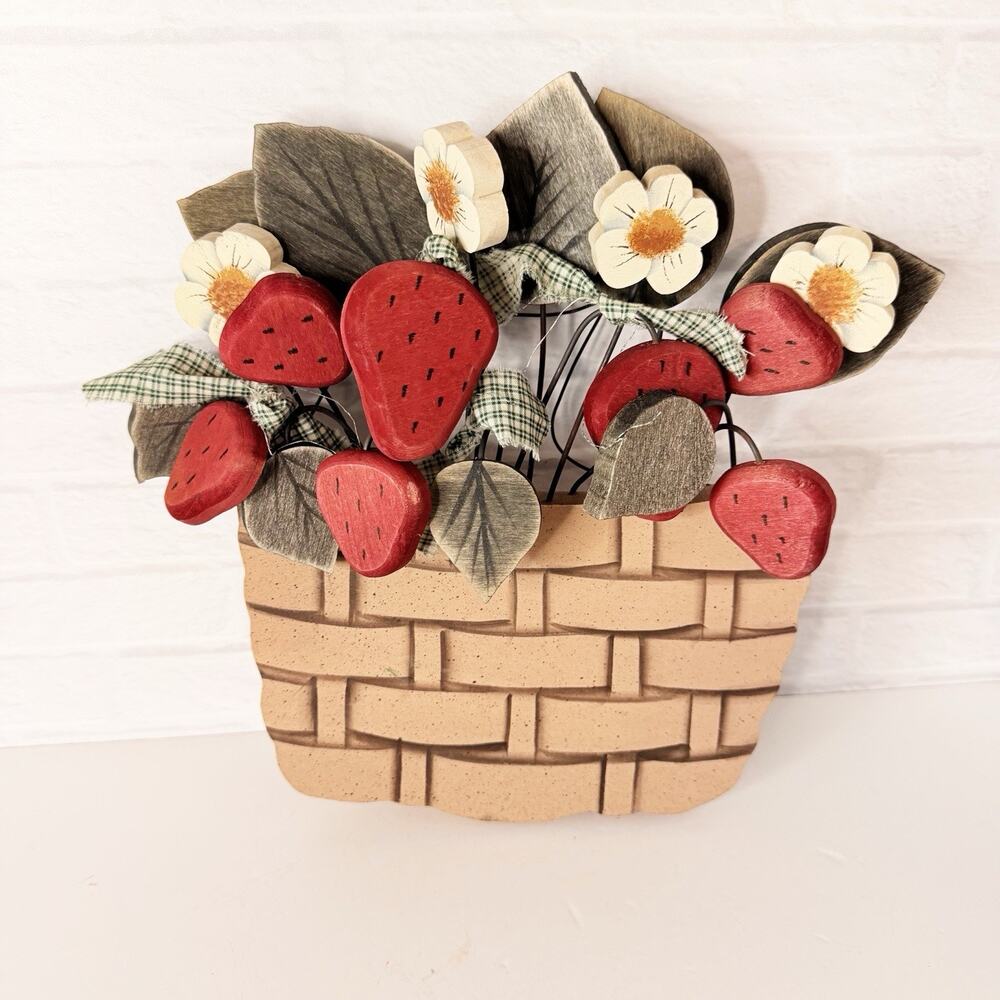 Vintage Strawberries in Basket Wooden Wall Hanging Fruit Grandmacore Cottagecore